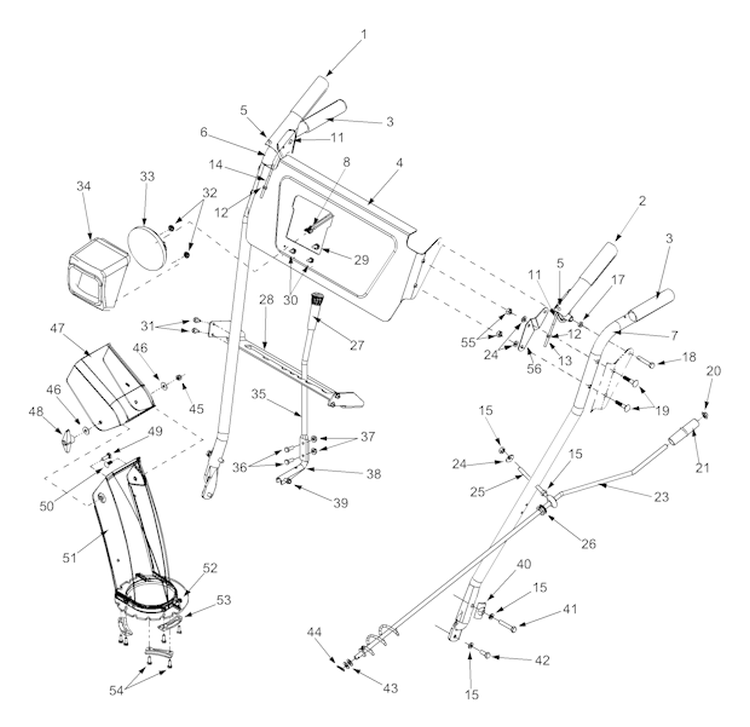 Handle And Chute Diagram and Parts List for E665E  Yard Machines Snow Blower